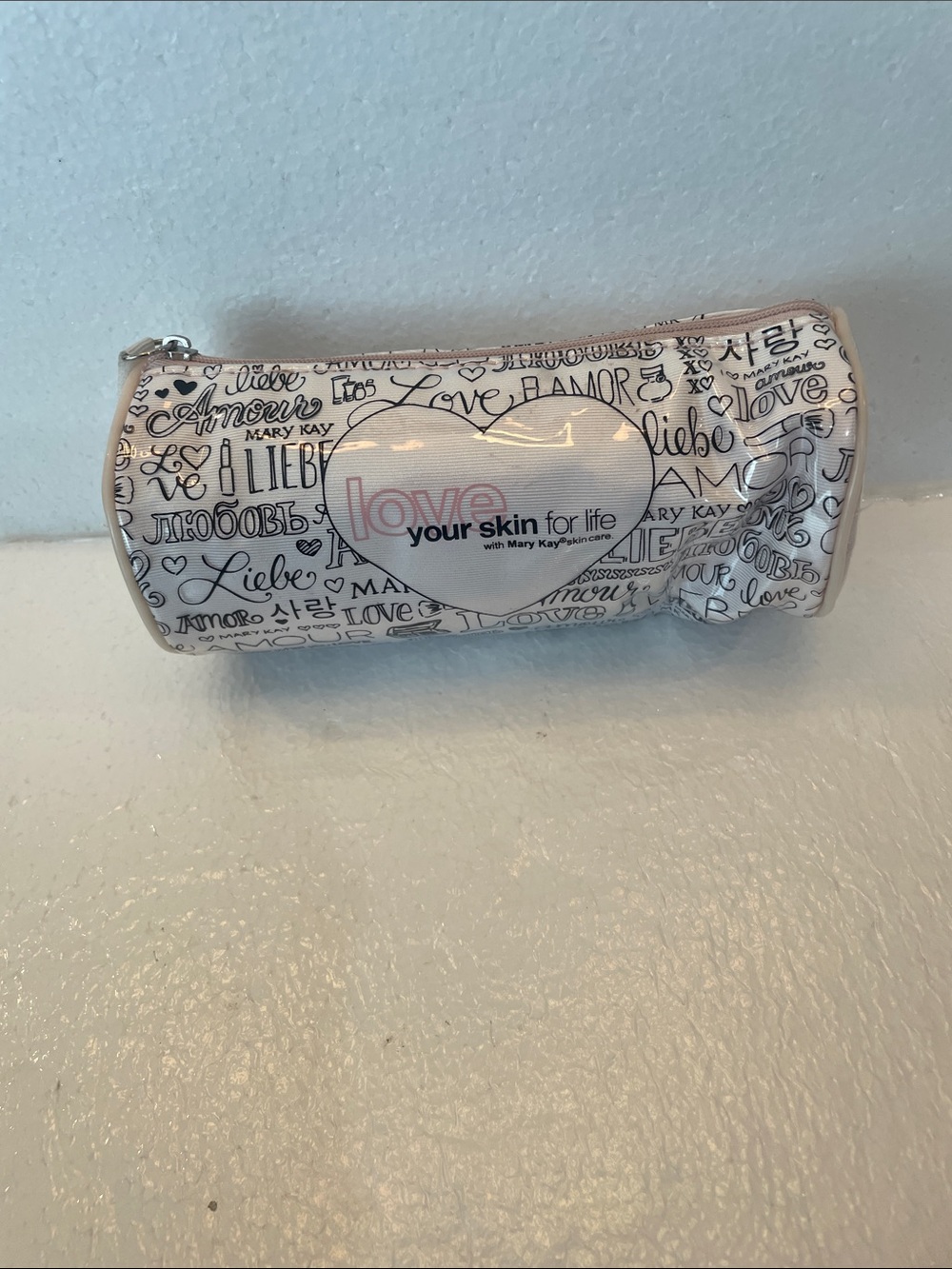 Mary Kay White Cosmetic Pouch with Black Script Print